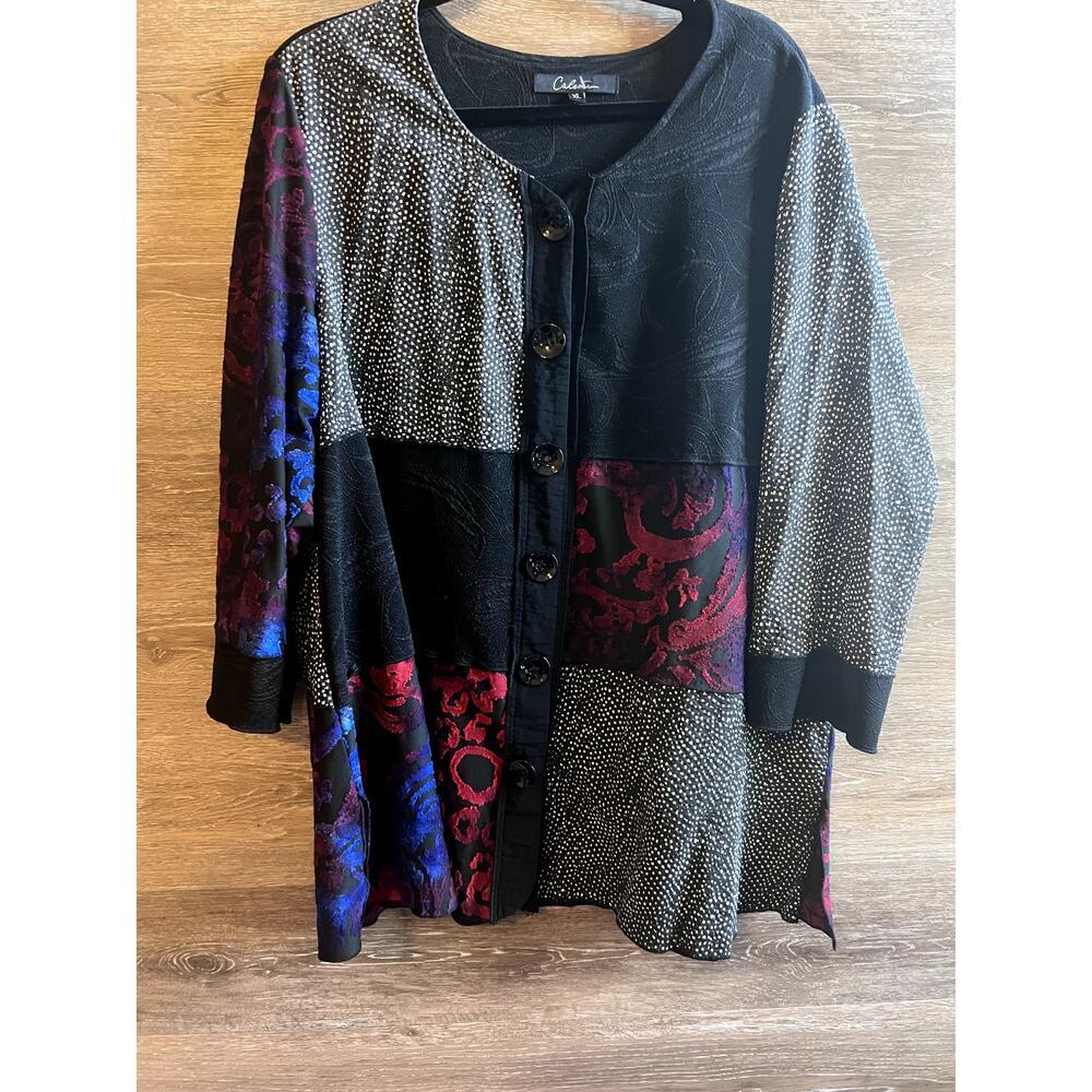 Calessa women XL blouse buttons art to to wear patchwork